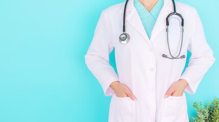Medical professional in a blue environment, wearing a stethoscope, conveying a sense of care and expertise in a clinical setting, emphasizing health and wellness.