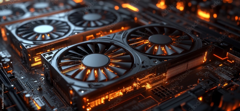 Aufkleber Close-up of a computer graphics card with glowing fans and circuitry.