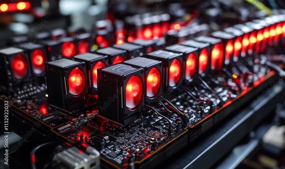 Poster Close-up of a computer hardware setup with cooling fans and red lighting.
