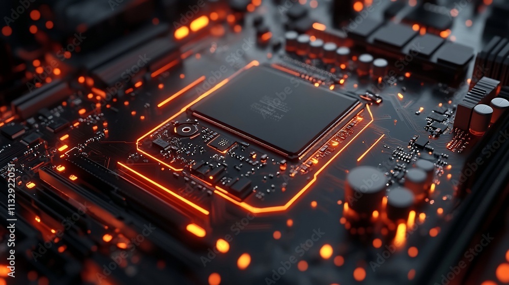 Poster Close-up of a circuit board with glowing orange elements and a central chip.