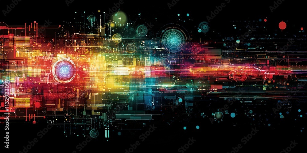 Poster vibrant digital abstraction depicting dynamic flow of colors in a futuristic design