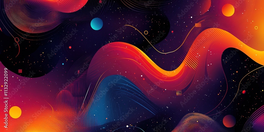 Poster vibrant abstract design featuring colorful waves and cosmic elements in a dark space background
