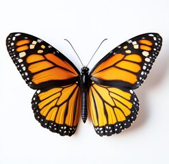 Fototapeta premium Detailed capture of an orange and black butterfly on a white backdrop. Its wings are open wide, with a gentle blur in the lower left corner to emphasize the symmetry and textures.