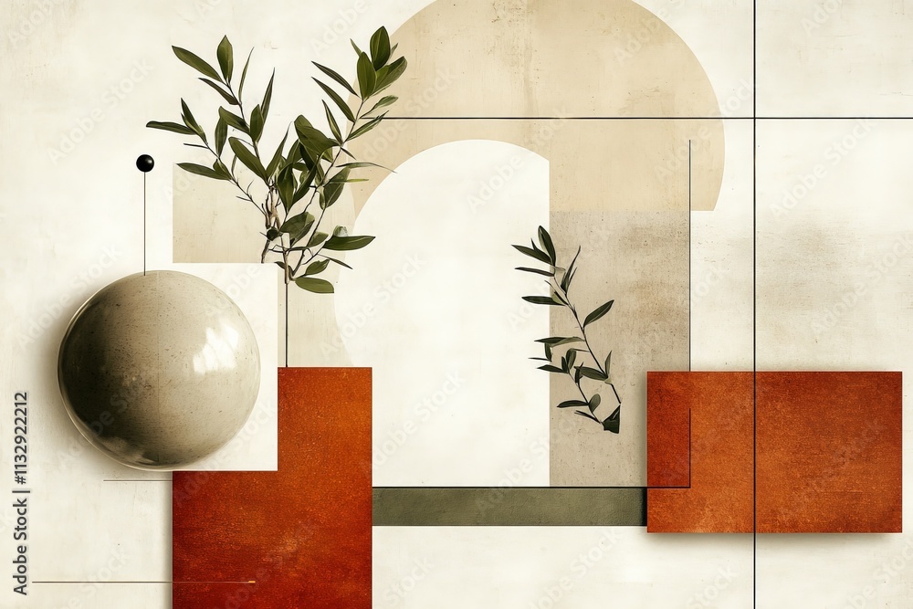 Aufkleber abstract composition featuring shapes and greenery in a minimalistic design