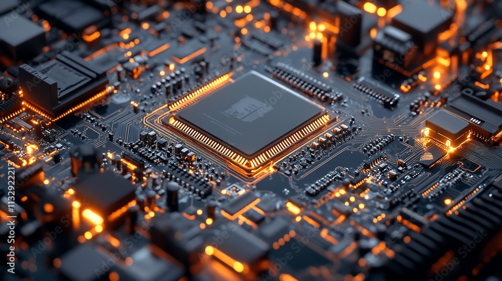 Poster close-up of a circuit board with glowing components, showcasing technology.