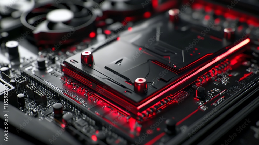 Poster close-up of a high-performance computer motherboard with red lighting.