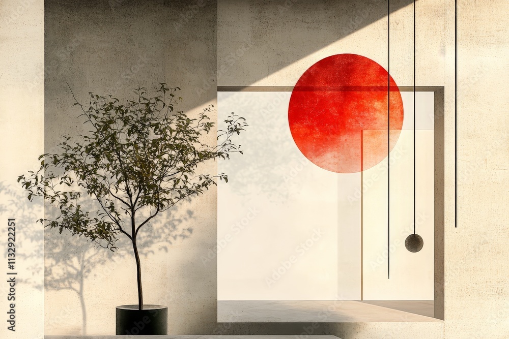 Poster Modern minimalist interior design showcasing a tree and abstract art with a red circle