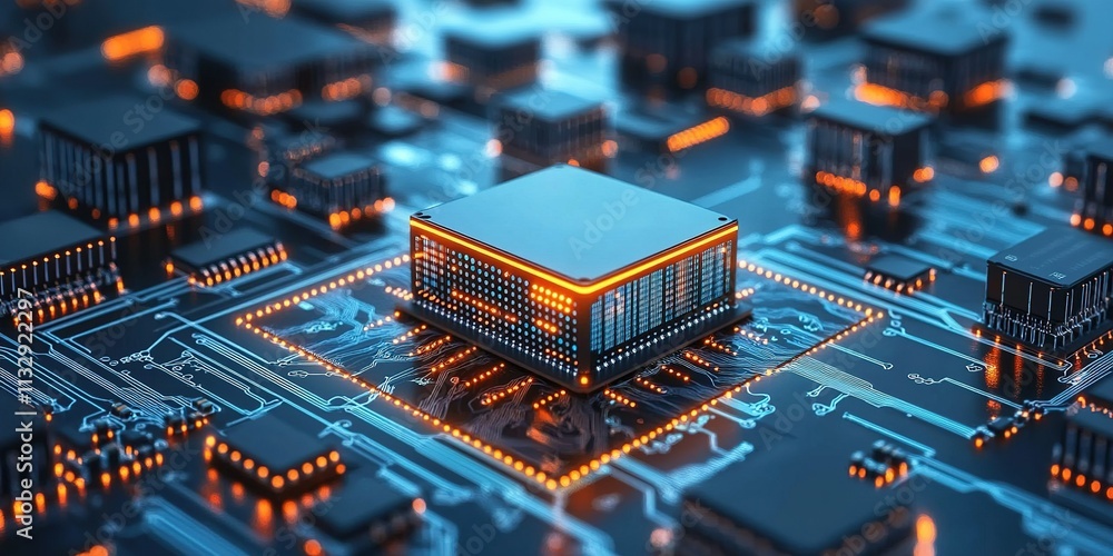 Poster high-tech microprocessor on a circuit board with glowing connections highlighting innovation in elec