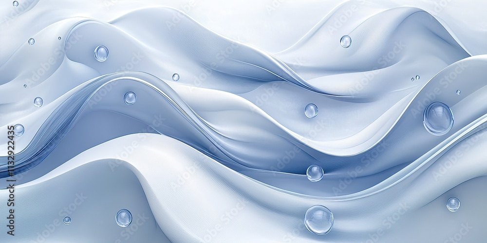Poster flowing waves of soft fabric with droplets creating a serene atmosphere in gentle light