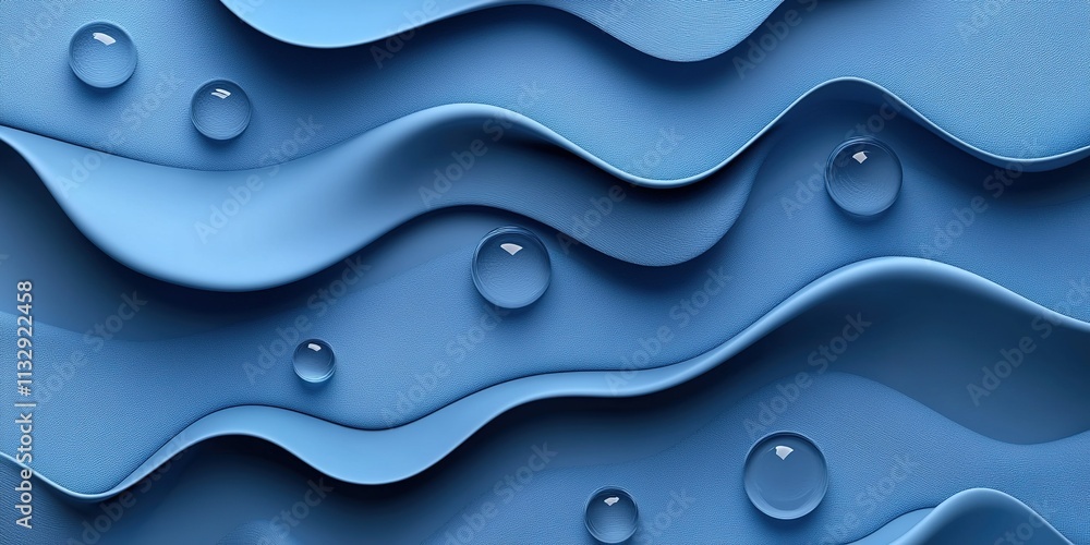 Poster fluid patterns of blue waves with drops reflecting light in a textured surface