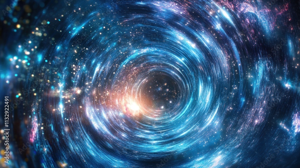 Poster a swirling cosmic vortex with vibrant colors and sparkling lights, evoking a sense of wonder.