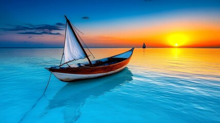 Naklejka premium Wooden Boat on Calm Water at Sunset