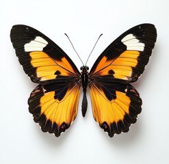 Fototapeta premium High-resolution photo of an orange and black butterfly with spread wings, displayed on a white background. The image focuses on detailed wing patterns, with the lower left corner softly blurred.