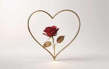 Single red rose inside a golden heart frame on white background.