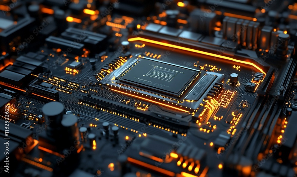 Poster Close-up of a modern microprocessor on a circuit board with glowing elements.