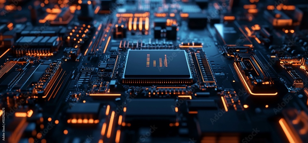 Poster Close-up view of a circuit board with glowing components and connections.