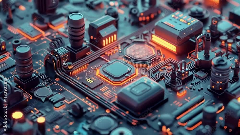 Poster close up view of a futuristic motherboard with glowing components, highlighting the intricate design