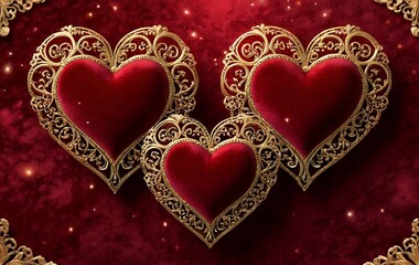 Three ornate red velvet hearts with gold filigree frames on a dark red background.