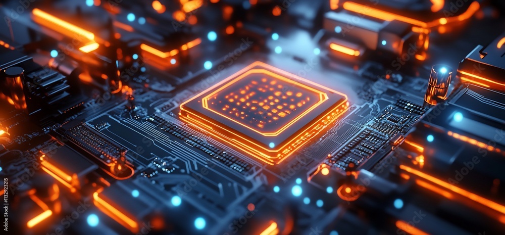 Aufkleber close-up of a futuristic circuit board with glowing elements.