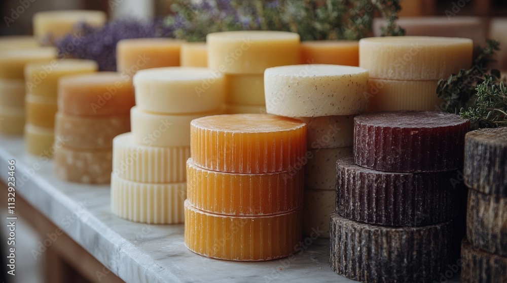 Aufkleber various types of artisan cheeses displayed on a rustic countertop with fresh herbs, creating an invi