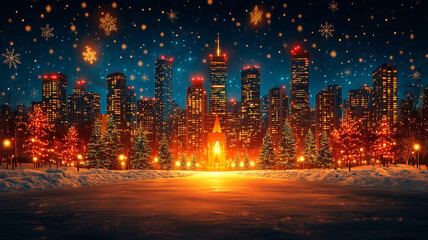 Obraz premium Christmas Cityscape with Festive Lights and Snowfall