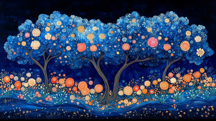 Magical Night Forest with Vibrant Blooming Trees