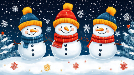 Cute Snowmen in Colorful Hats and Scarves on Snowy Background