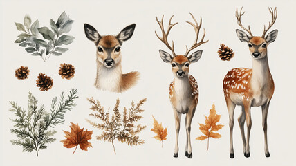 Watercolor Deer and Winter Botanical Illustrations Set