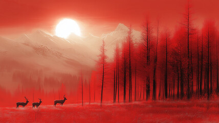 Winter Landscape with Red Sun, Snowy Mountains, and Deer in the Forest