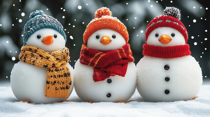Cute Snowmen in Colorful Hats and Scarves on Snowy Background
