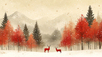 Red Winter Trees with Snowfall and Deer in a Serene Forest