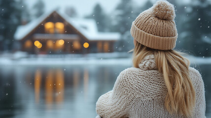 Cozy Winter Scene with Woman in Knit Hat Looking at Snowy Cabin