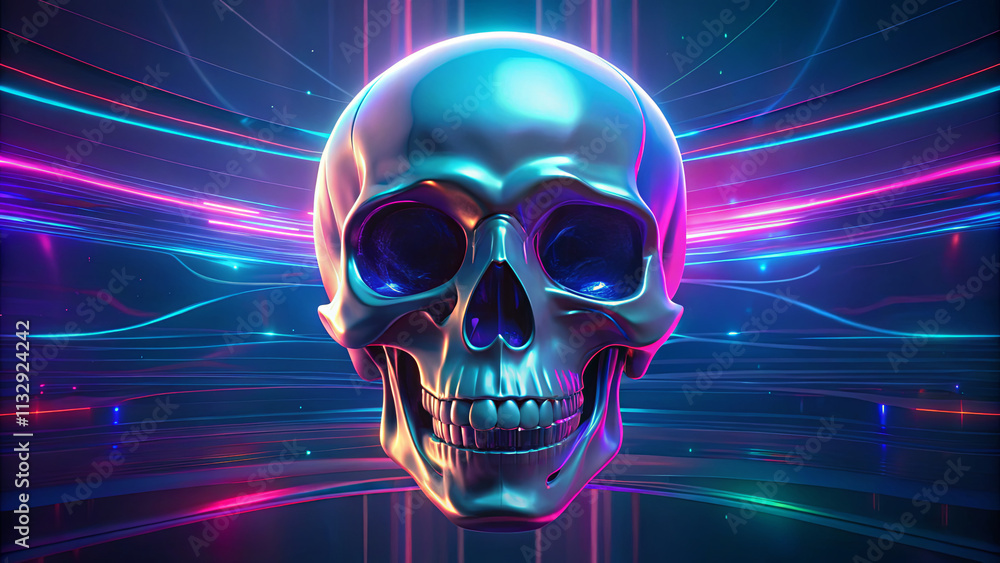 Poster a detailed rendering of a shiny skull is set against a vibrant background filled with glowing neon l