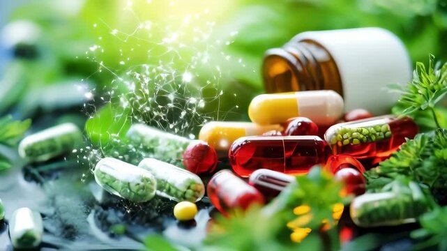 Assorted pills and capsules lie amongst lush green foliage, evoking natural remedies and holistic health. Ideal for wellness and pharmaceutical projects.. AI Generation
