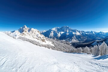 This breathtaking panoramic image displays stunning snow-covered mountains under a vibrant blue sky, showcasing a serene winter landscape that evokes a sense of tranquility and peace.