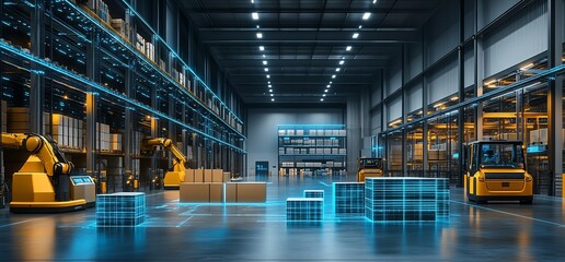 Futuristic warehouse with robotic arms and digital inventory management.