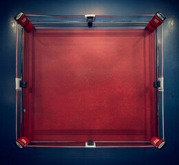 top view of The boxing ring is empty. There are no people, no boxers, no athletes.