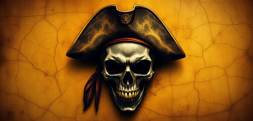 A striking illustration of a skull wearing a traditional pirate hat, set against a textured yellow background. This artwork evokes themes of adventure and the mysterious allure of piracy