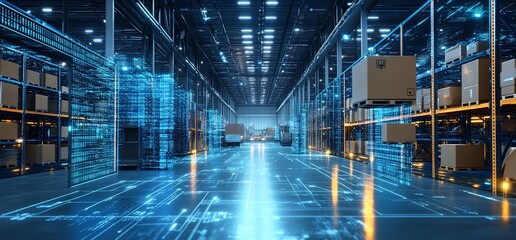 Futuristic warehouse with digital elements and organized storage.