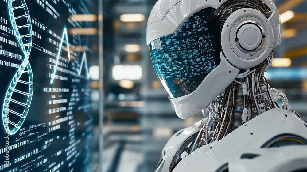 Poster robot using innovative biocomputer technology showcased with advanced display in a futuristic labora