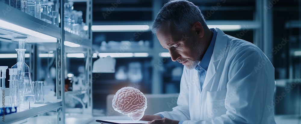 Aufkleber Scientist examining a digital brain model in a laboratory setting.