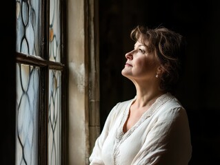 Fototapeta premium Graceful Aesthetic Concept. A contemplative woman gazes out of a window, illuminated by soft light, evoking feelings of reflection and serenity.
