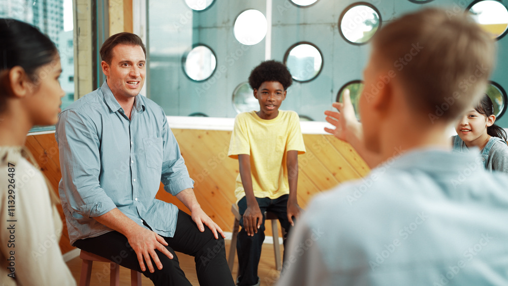 Poster smart teacher talking about mental health problem and sharing idea with boy during group therapy. ha