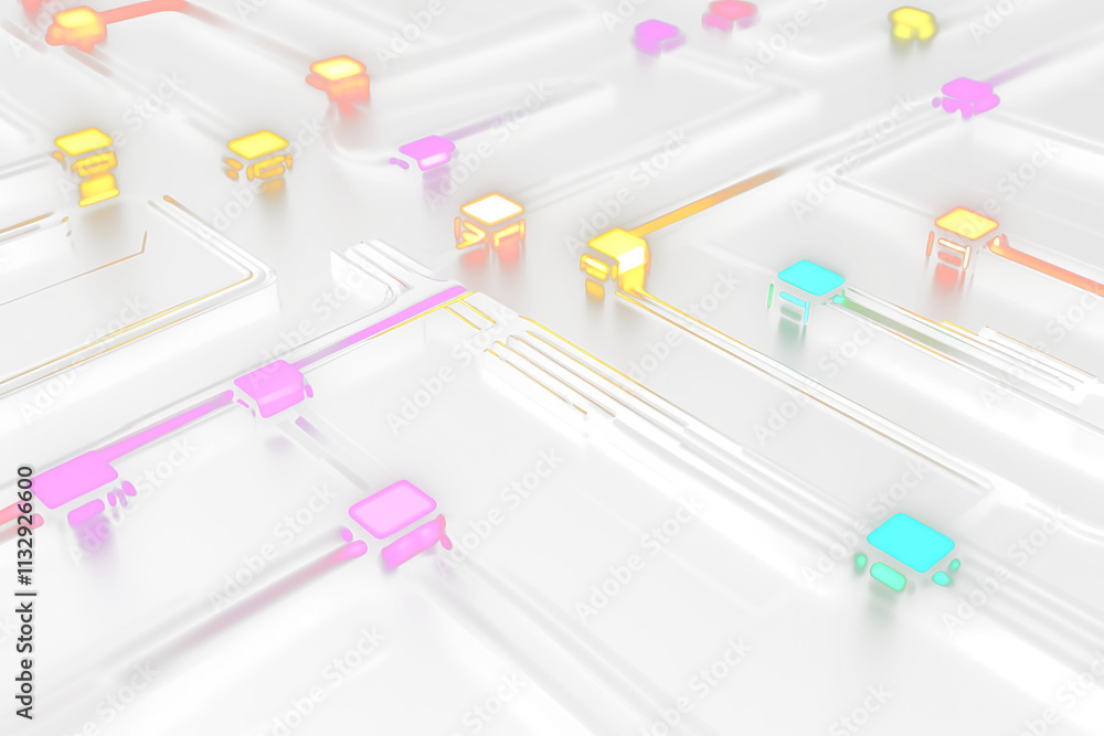 Poster Abstract glowing circuit board with colorful nodes and connections.