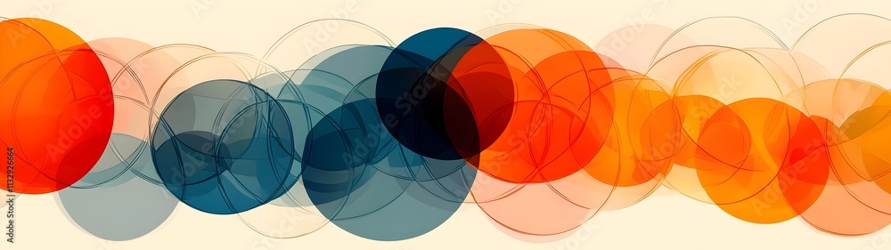 Poster An abstract composition featuring overlapping circles in shades of blue, orange, and yellow, creating a vibrant and dynamic visual experience.