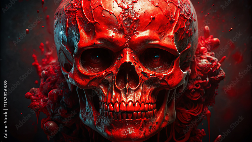 Poster a striking red skull dominates the composition, surrounded by swirling crimson fluid. the intense co