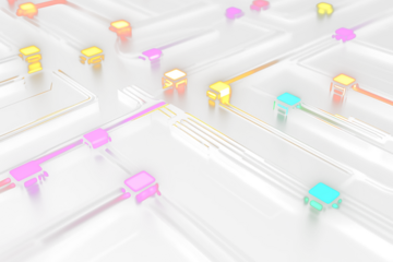 Abstract glowing circuit board with colorful nodes and connections.