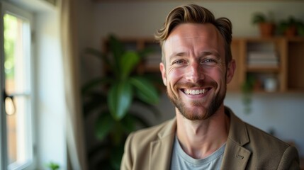 Obraz premium Confident Smiling Man in a Bright Residential Setting Surrounded by Plants