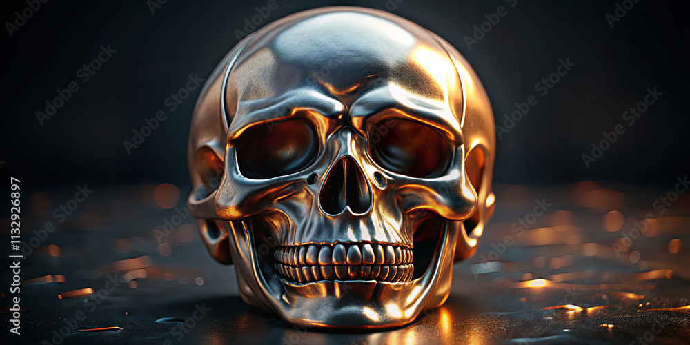 Poster a striking metallic skull sculpture sits centrally, reflecting ambient light. its shiny surface feat