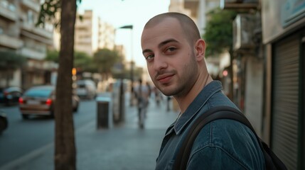 Fototapeta premium Man with a shaved head and a beard is standing on a street